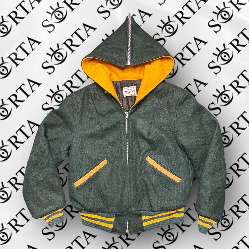 VTG 50s/60s Butwin Talon Zipper Hooded Blank Letterman Varsity Jacket Size XS/S
